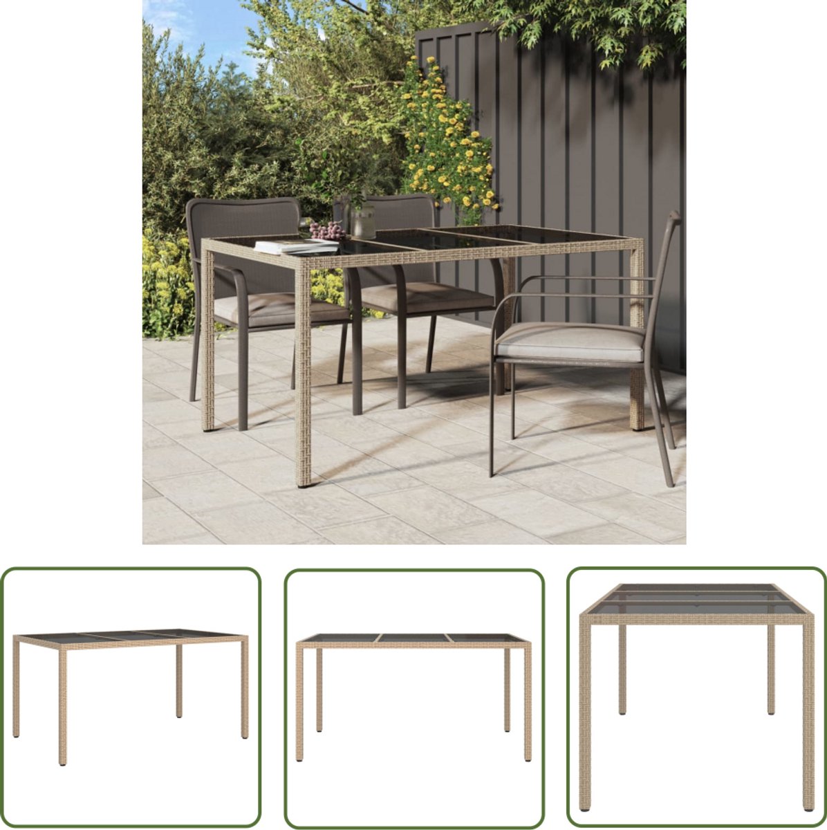 vidaXL Tuinset - Tuinstoel - Tuintafel 150x90x75 cm gehard glas en poly rattan beige - Outdoor Furniture - Lounge Set - Bistroset