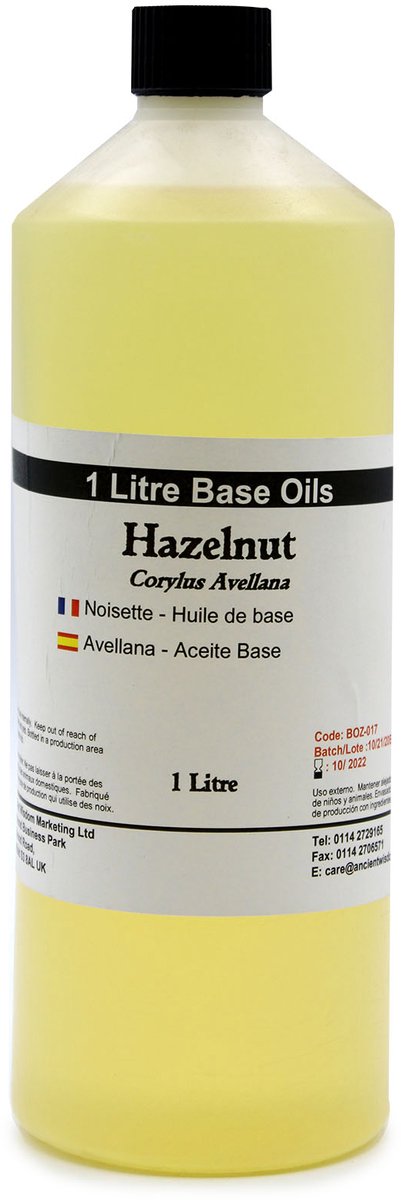 Basis Olie - Hazelnootolie - 1 Liter - Aromatherapie - Basisolie - Draagolie - Basisolie Voor Etherische Oliën