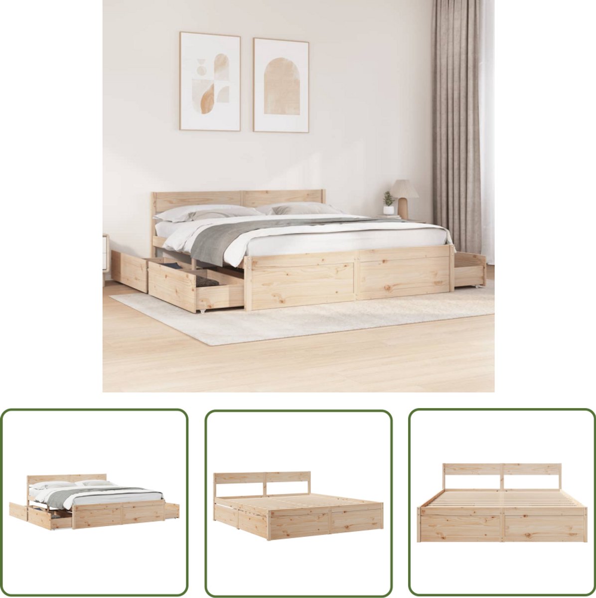 vidaXL Slaapcomfort - Massief Grenenhout Bedframe - Bedframe zonder matras massief grenenhout 200x200 cm - Bed Met Lade - King Size Bed - Groot Bed