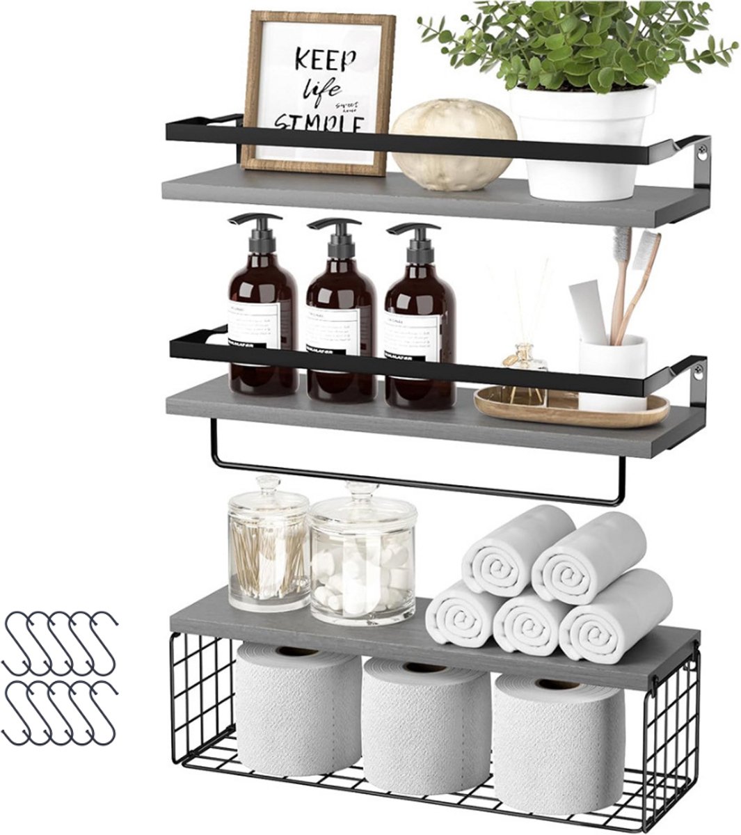 Kaëru® Wandplanken - Set van 3 - Boekenplank - Met metalen frame - Met 10 haken - Draagvermogen 10 kg per plank - 42x15.5cm - Houten planken - Badkamer, keuken, woonkamer - Grijs hout