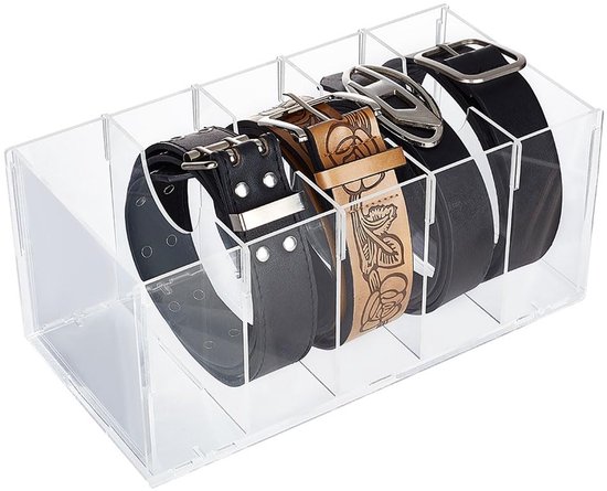 DBREAKS Acryl Riem Opberging, 5 Vak Riemhouder, Heldere Riem Opbergbox, Transparante Riem Vitrine, Riemhouder Box voor Kast en Lade, Riem-Belt Organizer voor Dames & Heren
