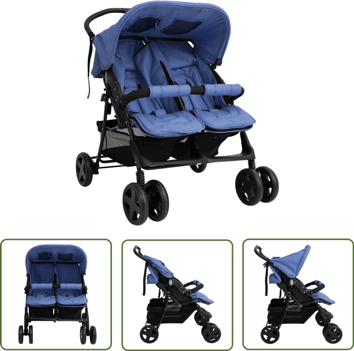 The Living Store Tweelingwagen - Kinderwagen - 80x96x104cm - Inklapbaar - Marineblauw