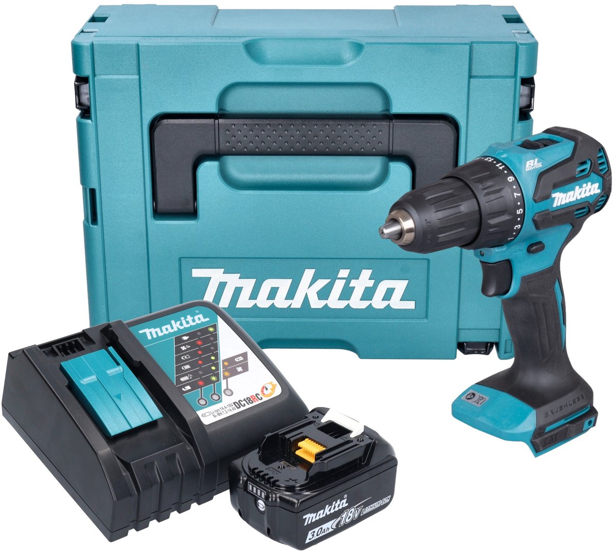 Makita DHP 490 RF1J accu klopboormachine 18 V 65 Nm borstelloos + 1x oplaadbare accu 3.0 Ah + lader + Makpac