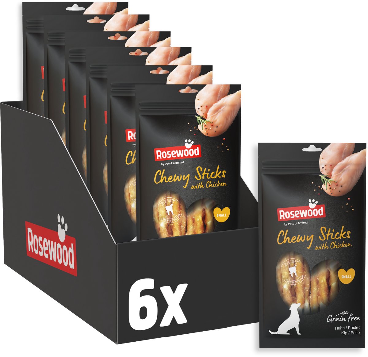 Rosewood Chewy Sticks Kip Small - Kauwstaven voor Kleine Honden - Met Kip & Runderhuid - Graanvrij - Zonder Kunstmatige Toevoegingen - 6 zakjes à 100g