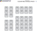 Een doos Connetix 'Clear Rectangle Pack - 12', met een afbeelding van een gestapelde constructie, twee rechthoekige sets en individuele tegels.