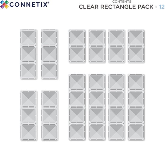Een doos Connetix 'Clear Rectangle Pack - 12', met een afbeelding van een gestapelde constructie, twee rechthoekige sets en individuele tegels.