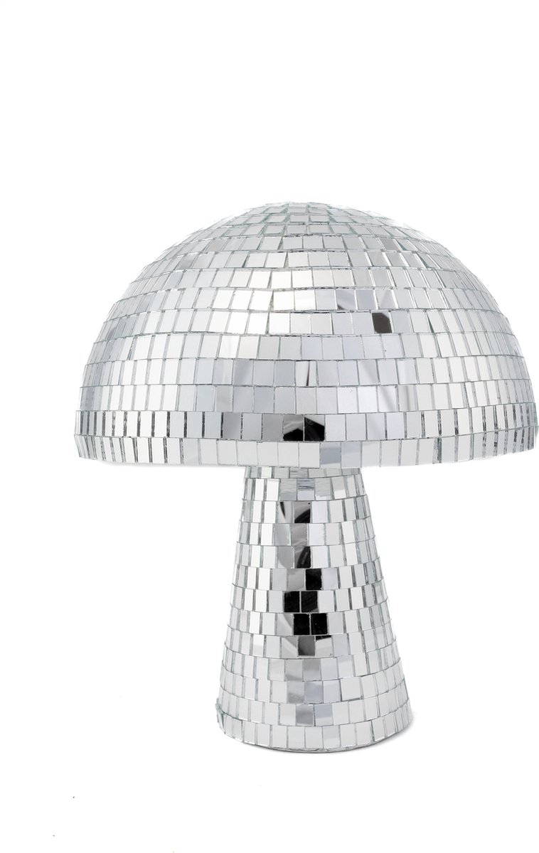 KIMU® Paddenstoel 25 cm Spiegeltjes Zilver - Zwam Discobal Pop Beeld Standbeeld Disco Spiegel - Deco Discobol Spiegelbol Glitter Festival