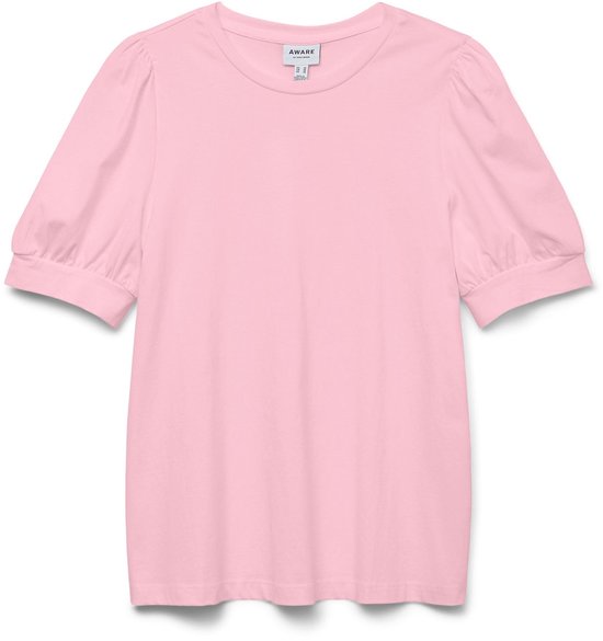 T-shirt rose pâle à col rond et manches courtes bouffantes, posé à plat.