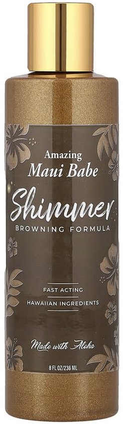 Bruine fles met gouden dop, bedrukt met bloemen en tekst: Amazing Maui Babe Shimmer Browning Formula.