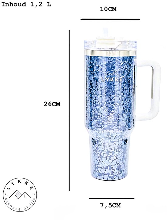 Gobelet LYKKE® 3 couches (Unique) avec couvercle à 3 positions 40 oz 1,2 L | Paille et poignée intégrées | Porte-gobelet de voyage | Tasse isotherme en acier inoxydable | Sans BPA | (Marbre gris Massief )