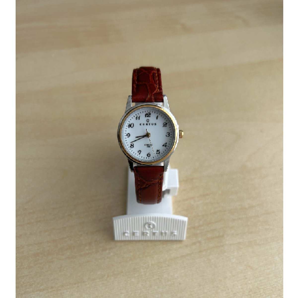 Certus-dameshorloge-model 645314-goud-zilverkleurig-kroko print-bruin lederen band-5 atm waterdicht-diameter 26 mm-bicolor-made in France