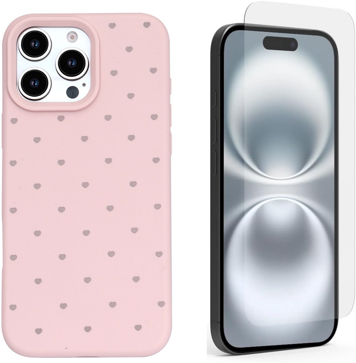 Hoesje en Glas Geschikt voor iPhone 16 Pro Max - Roze - Casemania Stevige Siliconen Back Cover met Hartjes Print - 1x Glazen Screenprotector
