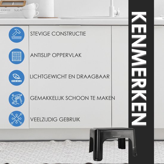Houten kruk 17 Hoogte, 2 treden Volwassenen/Kind. Veelzijdig: Keuken, Nachtkastje, Kast. Antislip oppervlak, Veiligheid. Capaciteit 500 LB