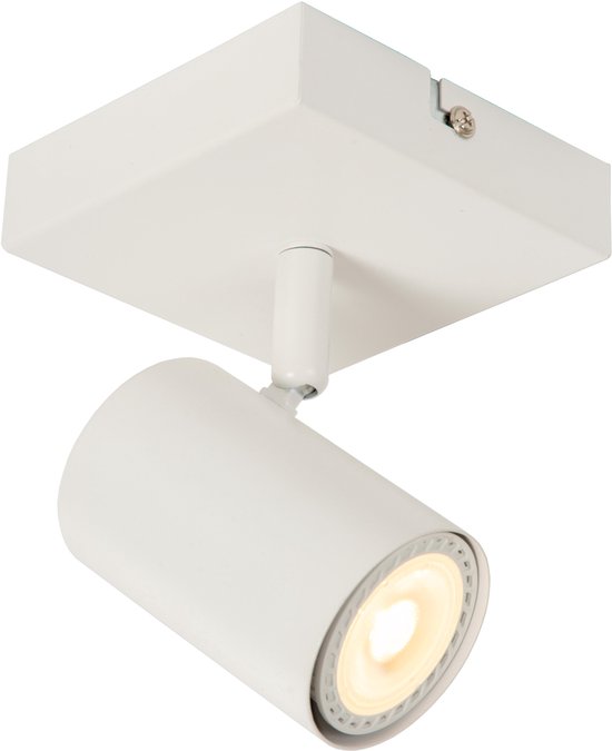 Spot blanc avec un abat-jour cylindrique sur une base carrée.