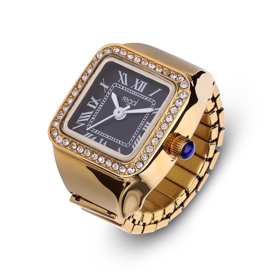 Lucardi Dames Regal ring horloge goud met zwart en zirkonia