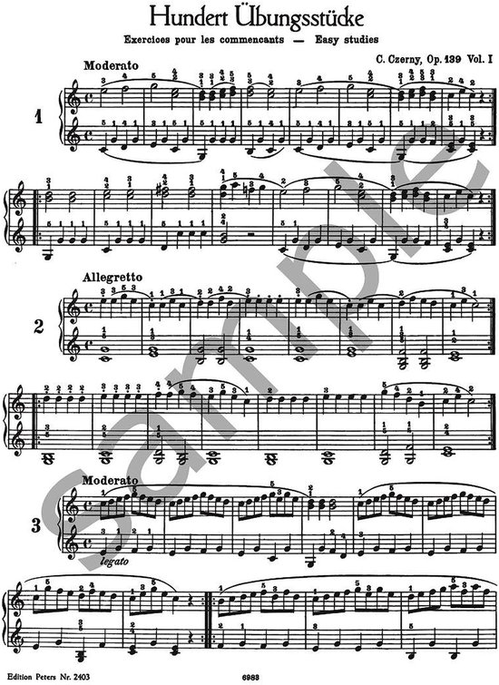 Muziekblad met pianomuziek genummerd 1, 2, 3. Titel: Hundert Übungsstücke, C. Czerny.