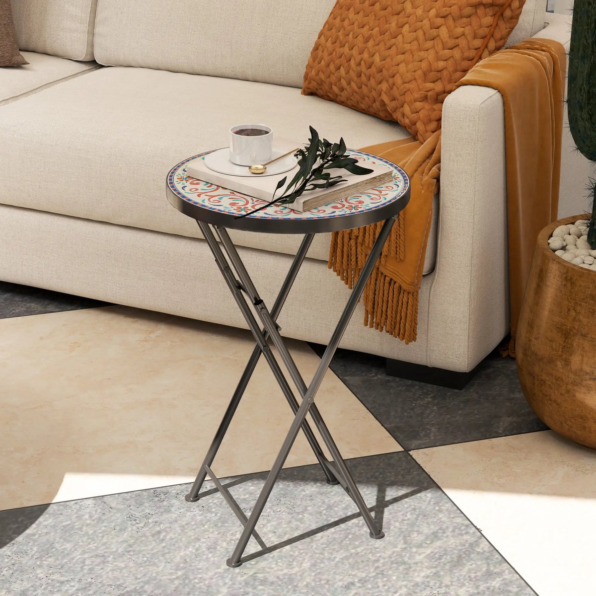 Pugsdrly Mozaïek tuintafel, opvouwbare ronde terrastafel met metalen frame en keramisch tafelblad, mozaïekpatroon, veelkleurig