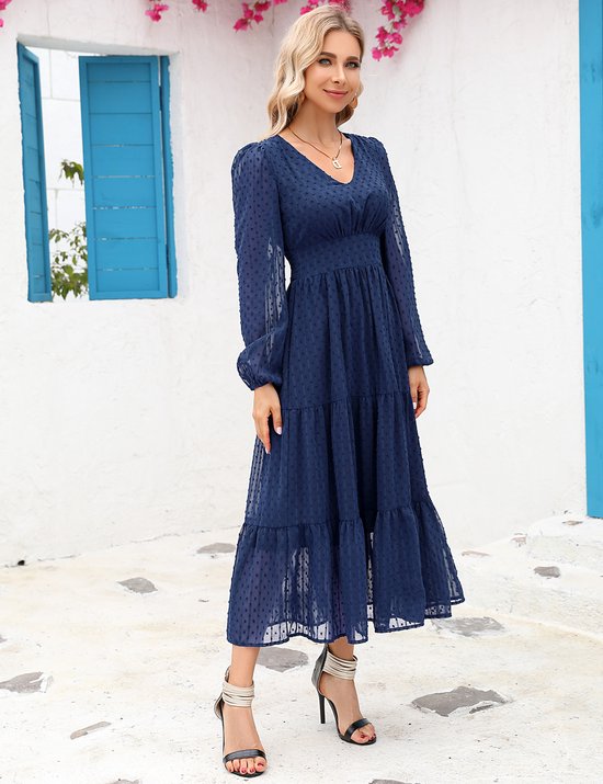 Dames lange avondjurk elegante cocktailjurk tuniek casual jurk V-hals dunne lange mouwen Marineblauw S