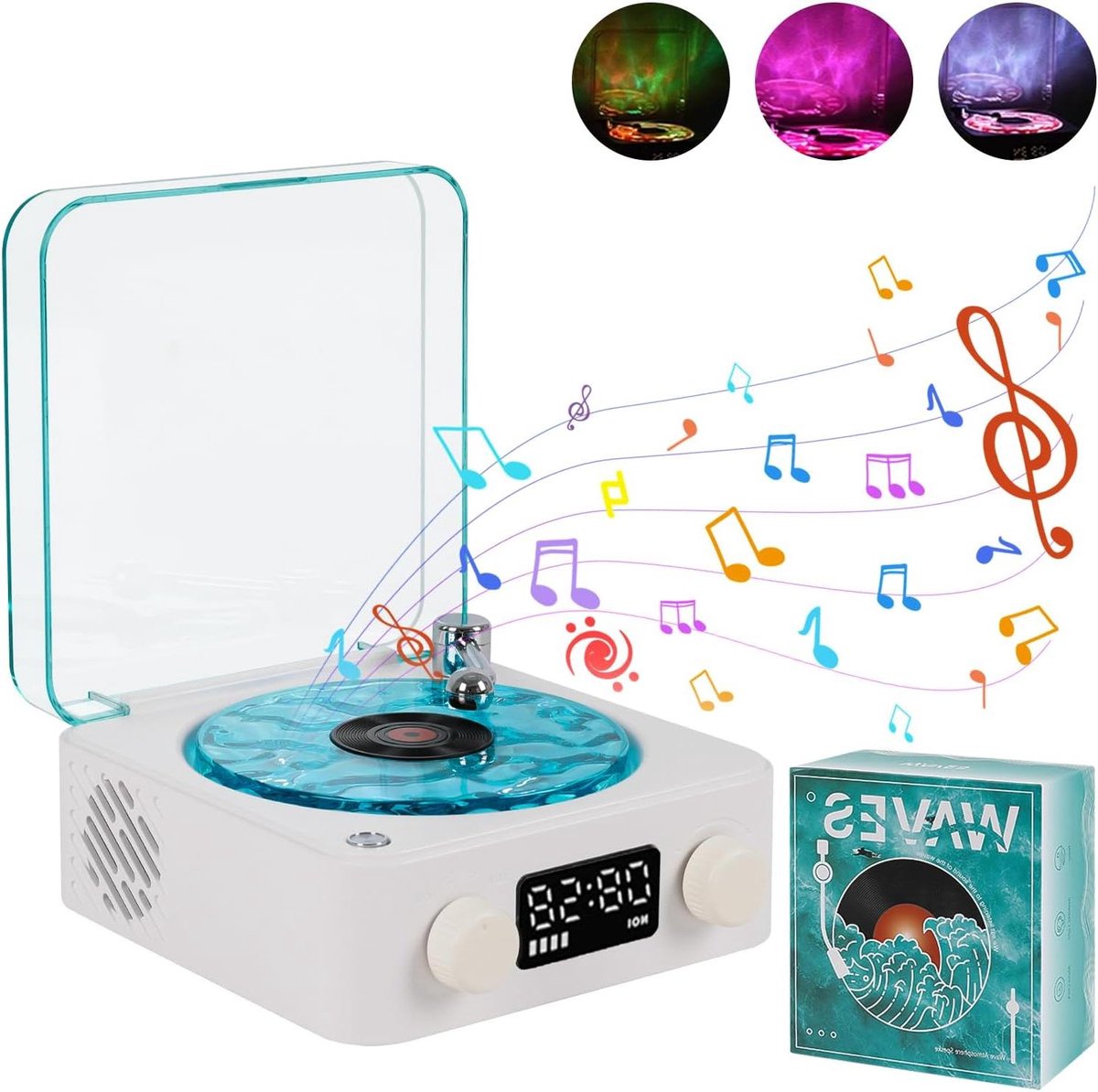 Allecto Plus - Nieuwe Verbeterde Vinylspeler met RGB-licht en Bluetooth-luidspreker - Home Audio Platenspeler voor Stereogeluid - Slaaphulp met Natuurgeluiden (Wit)