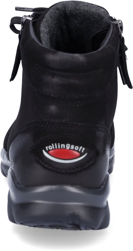 Achterkant van een zwarte leren veterbootie met ritssluiting en Rollingsoft logo.