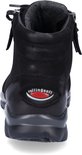 Achterkant van een zwarte leren veterbootie met ritssluiting en Rollingsoft logo.