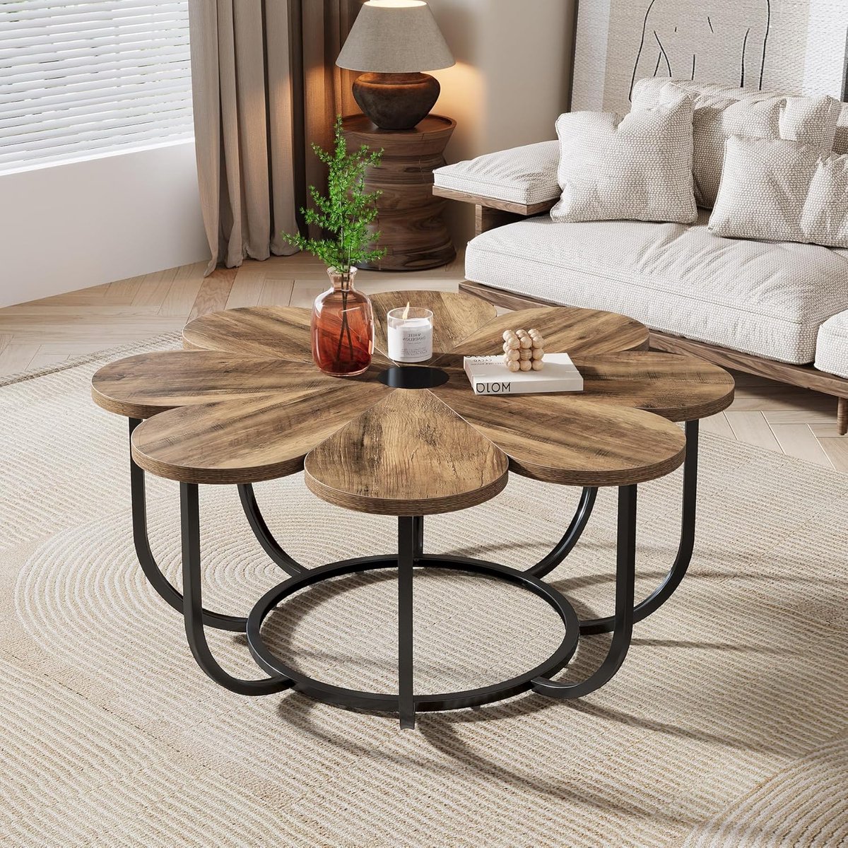Tribesigns Salontafel - 100×100×50 CM - Moderne Salontafel in Bloemvorm met Tafelblad van Kunstmarmer - Bruin en Zwart - Voor Woonkamers
