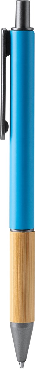 10 Metalen pennen in matte afwerking Blauw met bamboe grip en donkere kleurdetails. Blauwe inkt. Model Penta