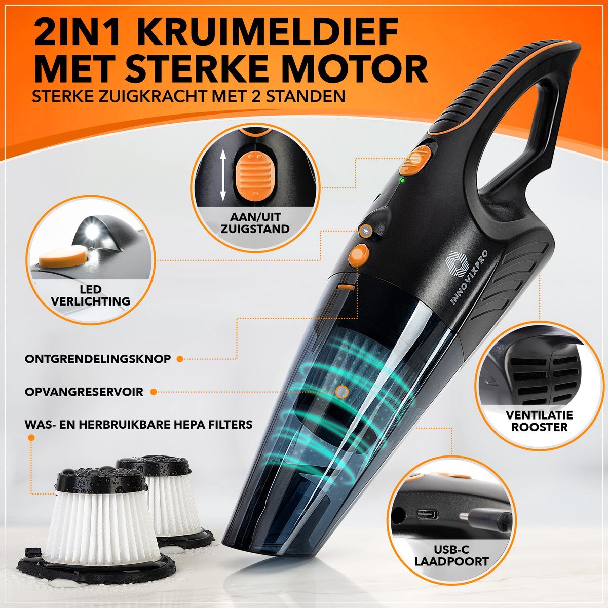 Innovixpro® Kruimeldief Snoerloos 17000Pa Oranje/Zwart - afbeelding 3