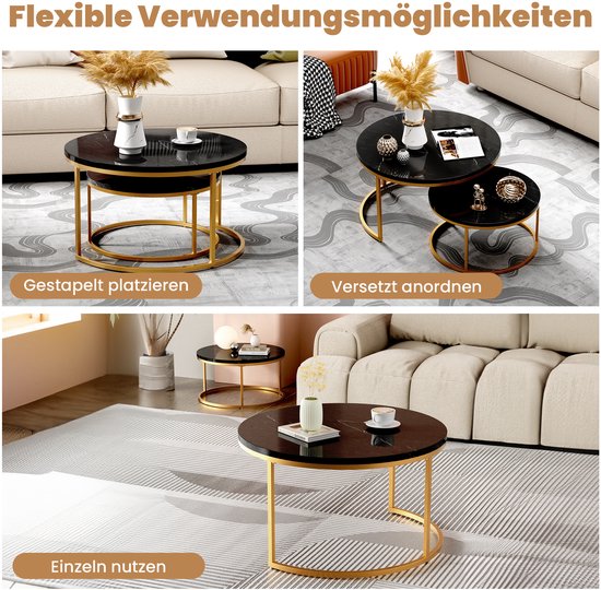 HOMCOM Set van 2 ronde salontafels, uittrekbaar, stapelbaar, bijzettafel, marmerlook, dienblad van hout en metalen poten, zwart