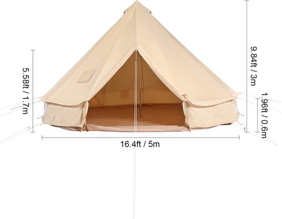 Camping Tent, 5x3 Meter TC Katoen - Met IJzeren Stangen en PVC Grondzeil - Familie Tent voor 8 Personen - Met 8 Ramen - Piramide Tent voor Outdoor Activiteiten van Merkloos — afbeelding 3