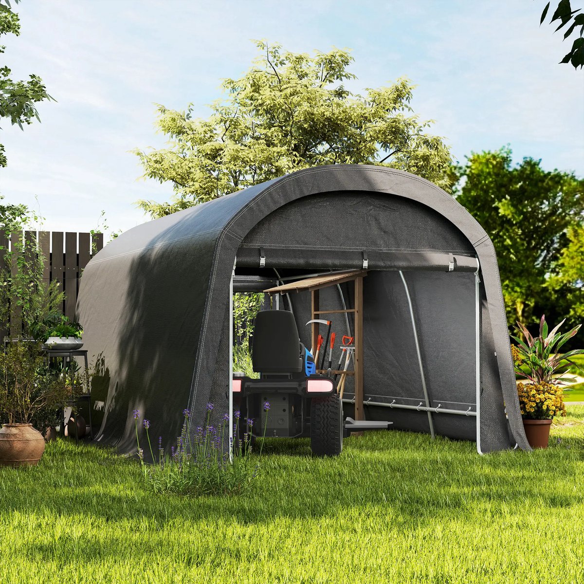Pugsdrly Tuinhuisje met kunststof zeil, gereedschapstent, opzetbare garage, 300B x 450T x 230H cm, donkergrijs