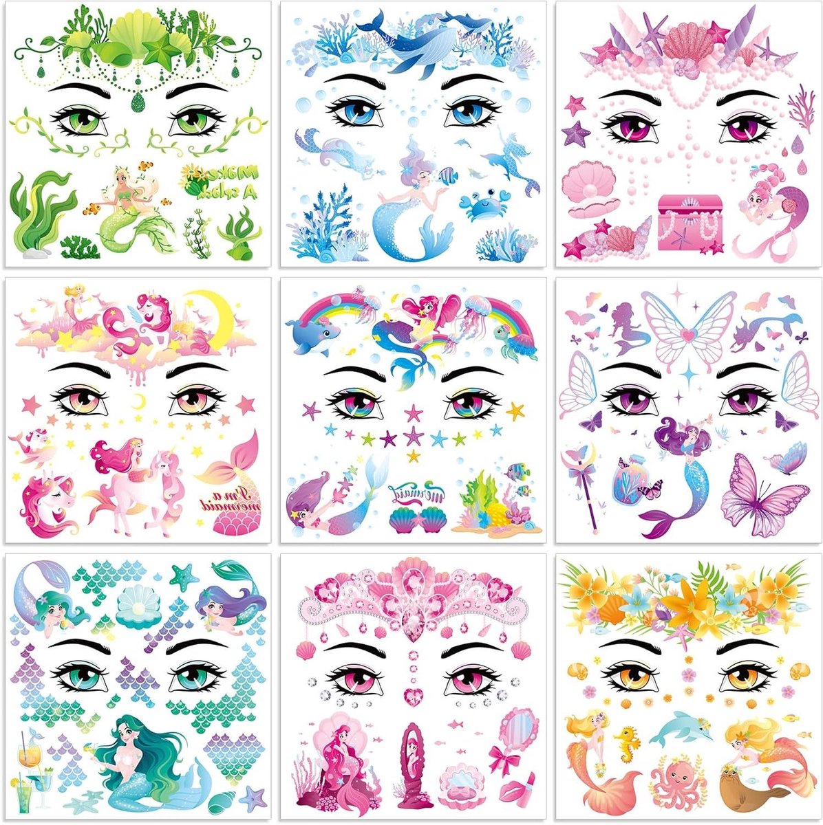 Allecto Plus - Zeemeermin Tijdelijke Tatoeages Set voor Vrouwen en Meisjes - Gezicht Tattoo Stickers - Make-up Accessoires - Feestartikelen