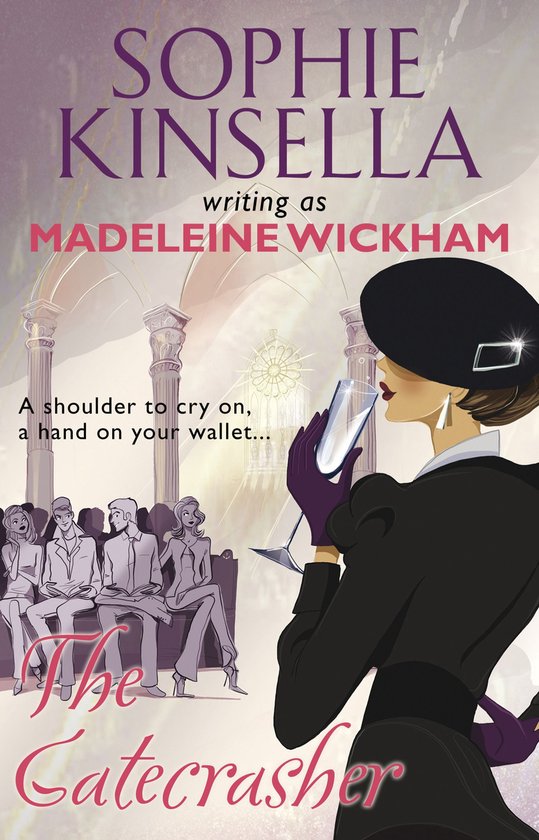 Boek "The Gatecrasher" van Sophie Kinsella (schrijvend als Madeleine Wickham). Een vrouw met hoed en handschoenen houdt een glas champagne vast. Op de achtergrond zitten mensen op een bank.