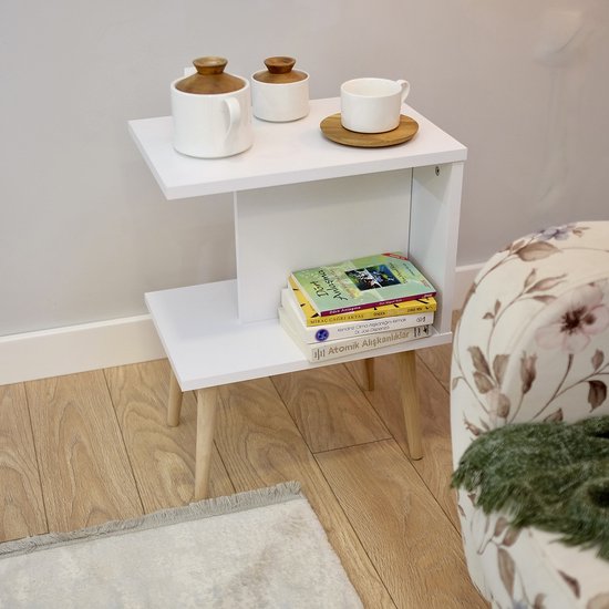 City of Wood - Table d'appoint moderne avec Pieds en bois - Table basse compacte pour le salon - Wit