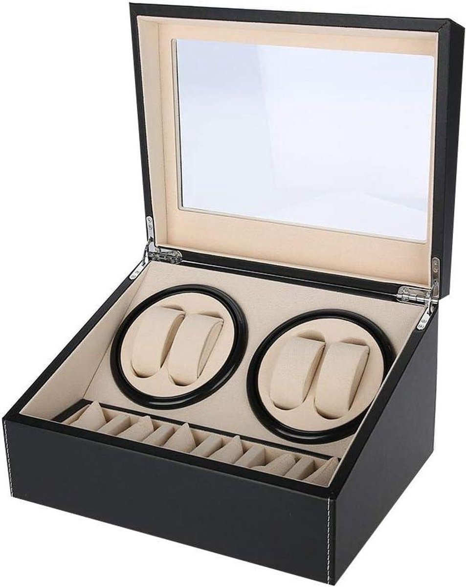 Horloge Opbergbox van PU Leer - Stijlvol en Duurzaam - 4 Automatische Horloge Winder + 6 Vakken - Stille Motor - Meerdere Windrichtingen - Zwart