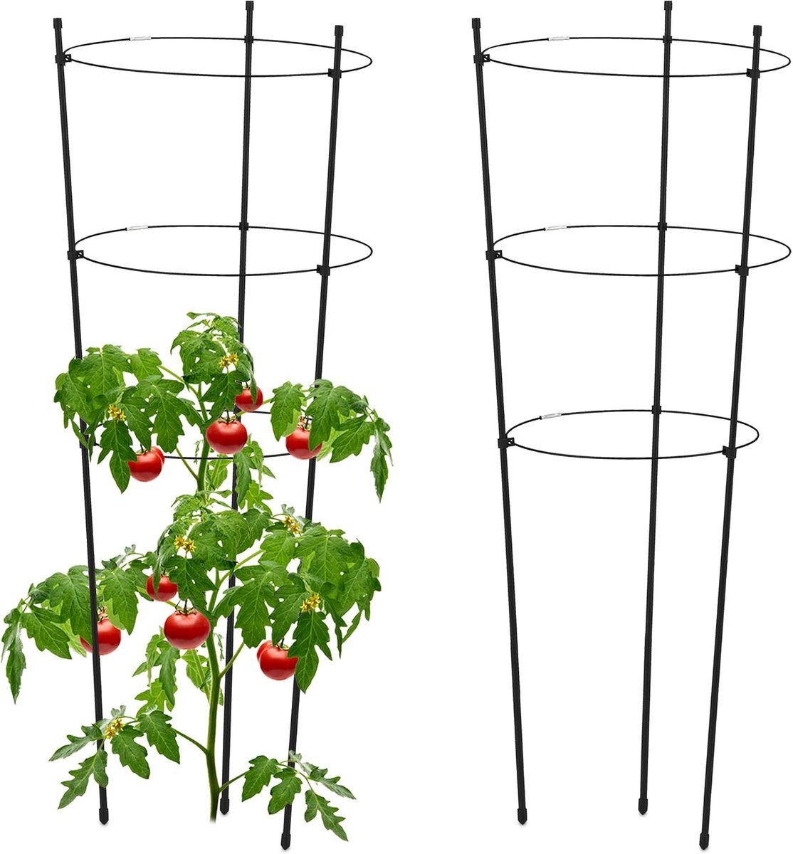 Famanu - Plantensteun set van 2, metaal & kunststof, 76 cm hoog, 3 verstelbare ringen, klimplantensteun tomaten, zwart