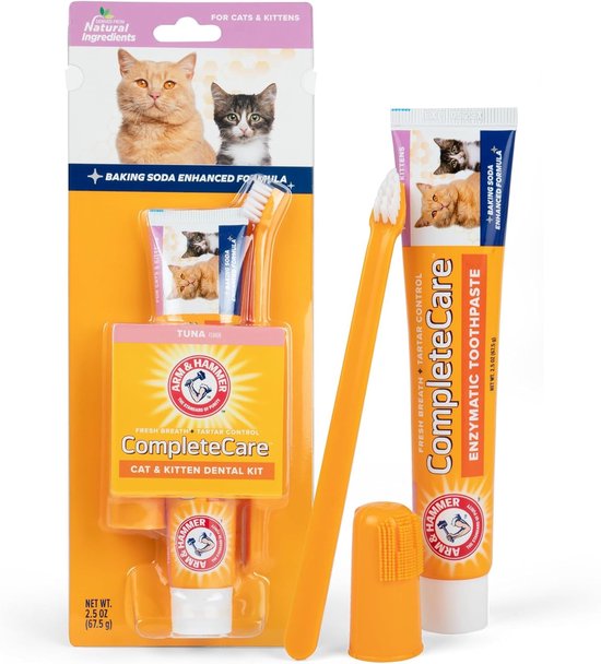Arm & Hammer CompleteCare kattentandheelkundige kit, oranje tandenborstel en tube tandpasta.