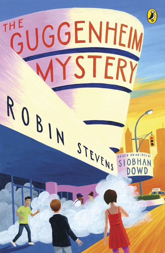 Boekcover: "The Guggenheim Mystery" door Robin Stevens. Vier kinderen kijken naar een grote, witte wolk bij het Guggenheim Museum in New York.