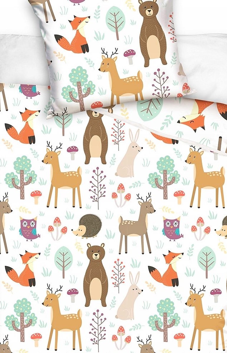 1-persoons kinder dekbedovertrek (dekbed hoes) wit met bosdieren: beer, hert, vos, egel, konijn en uil tussen planten en bomen in het bos / natuur KATOEN eenpersoons 140 x 200 cm (lief beddengoed kinderkamer)