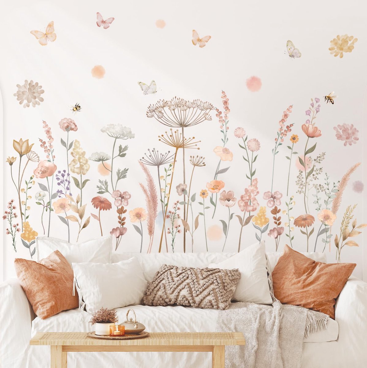 DECOWALL SG2-2421 Boho Bloemen Waterverf Muurstickers Wilde Bloemen Bloemen Gras Slaapkamer Woondecoratie Kunst Kleurrijk Roze Planten Verwijderbaar Schil en Plak Kinderkamer Huis DIY Bladeren Tuin