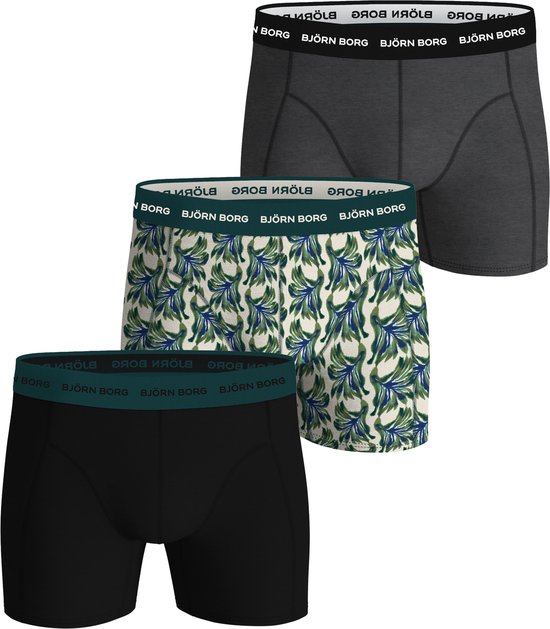 Björn Borg Cotton Stretch boxers - heren boxers normale lengte (3-pack) - zwart - grijs en wit met print