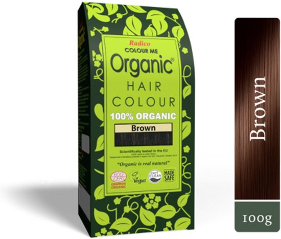 Radico COLOUR ME ORGANIC Brown / Bruin 100% Natuurlijke BIO ORGANIC 9-Kruiden Henna Haarverf Zonder Ammoniak PPD PTD met ECOCERT, HALAL, VEGAN 100g