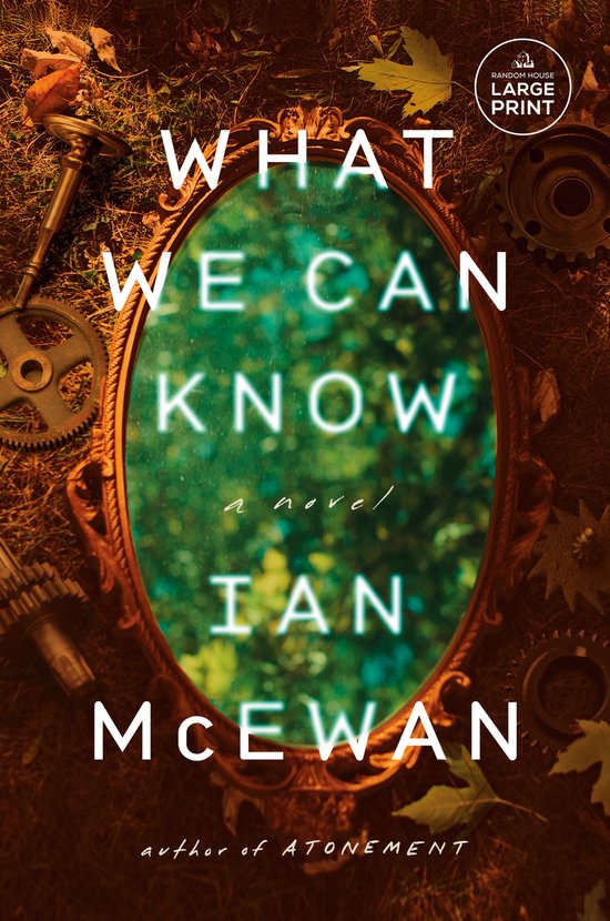 Couverture du livre "What We Can Know" avec un miroir reflétant un paysage verdoyant et flou, entouré de feuilles et d'engrenages.
