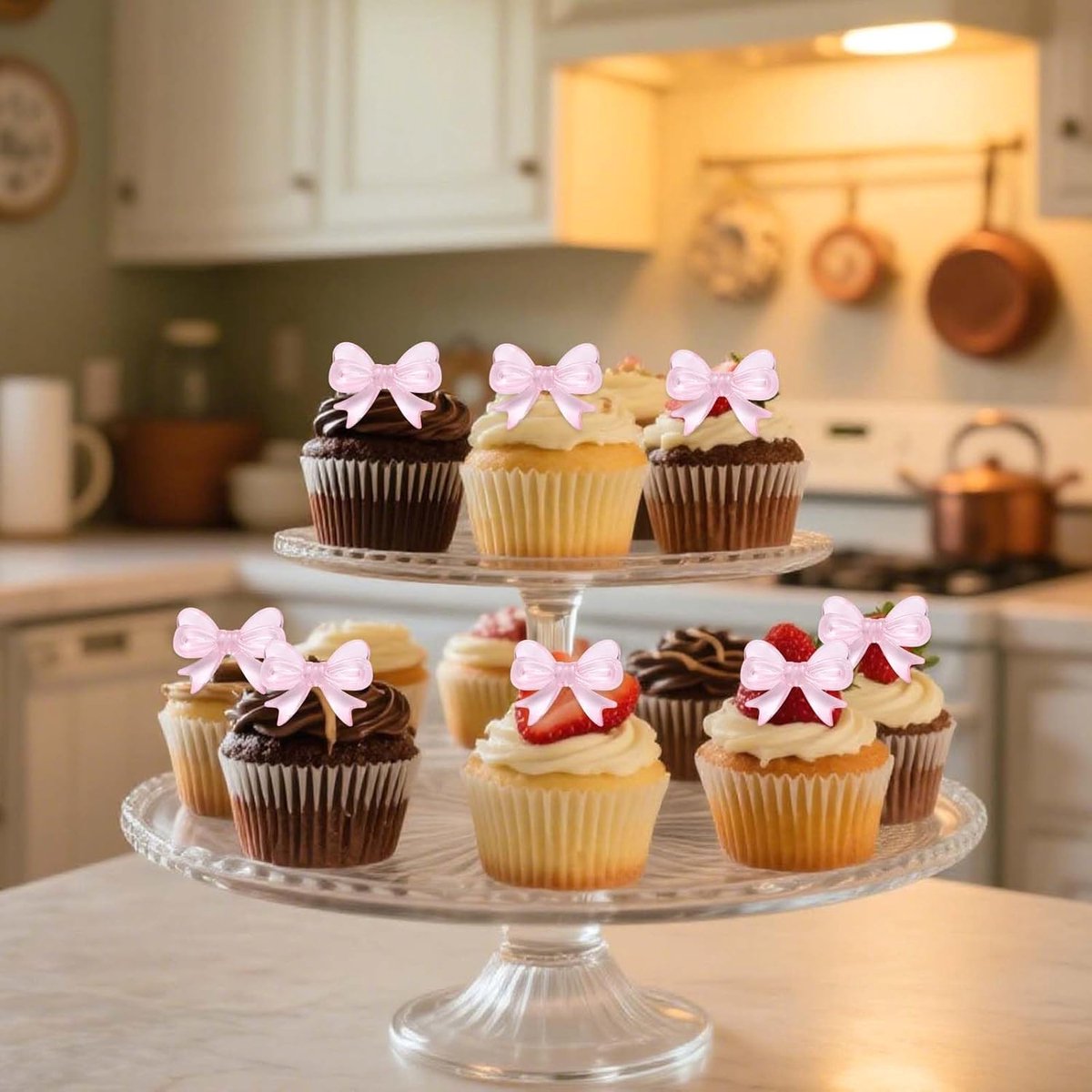 30 Stuks Strik Cupcake Toppers, Elegante Coquette Taartdecoraties met