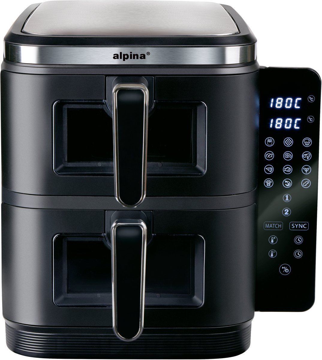alpina Airfryer XXL - Dubbele Air Fryer 11L - Heteluchtfriteuse 2 Manden - Double Stacked voor 8 Personen - Opvouwbaar Display - Timerfunctie tot 60 Minuten - Temperatuur 60-200°C - Zwart