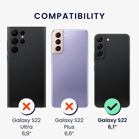 Vergelijking van Samsung Galaxy S22 modellen: Ultra (afgekeurd), Plus (afgekeurd) en S22 6,1" (goedgekeurd).