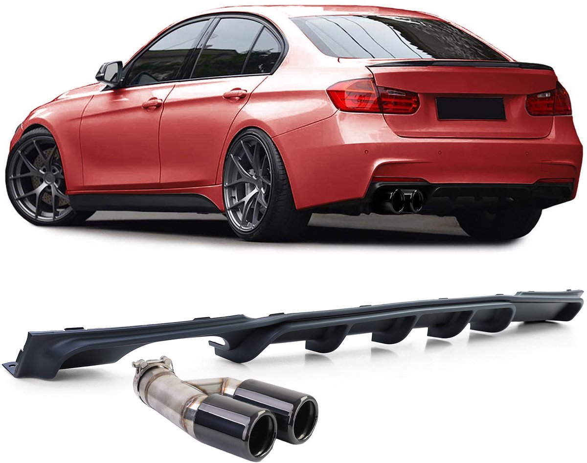 Sport Diffuser Mat Zwart + Uitlaat Sierstuk Zwart Geschikt Voor BMW 3 Serie F30 F31 316i 318i 320i M Pakket
