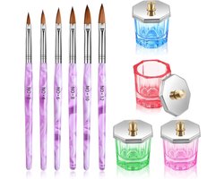 EBANKU 10 Pcs Acrylic Nail Brushes Dip Dip Set, 6 Pieces Acrylic Nail Brushes and 4 Pieces Glass Crystal Dap Dip Dish with Lid UV Gel Nail Art Brush Acrylic Powder Liquid Cup Holder Set for Nail Art