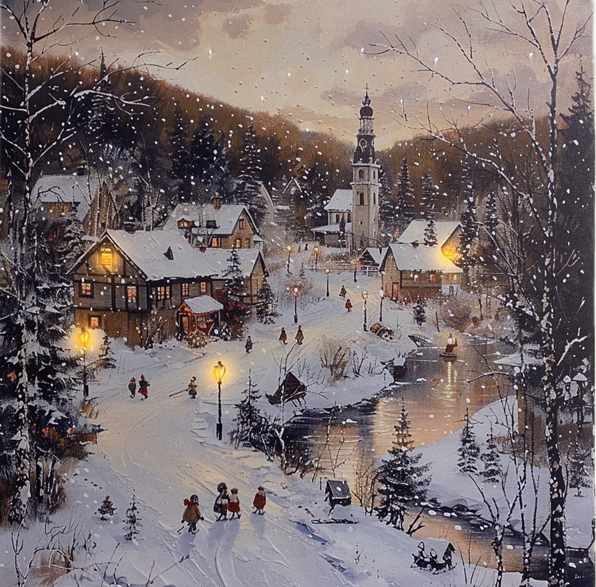 Schilderij vierkant met ledverlichting - Canvas op houten frame - Levendig dorp tijdens sneeuwbui - 4 x LED + 30 Fibers - 40 x 40 cm - Kersthuisjes en Kerstdorp met verlichting