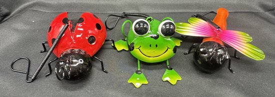 Décorations de jardin en métal animaux - lot de 3 pièces - coccinelle - grenouille - libellule - multicolore - hauteur 8x9x10cm - Accessoires de jardin - Décoration de jardin - Décoration murale